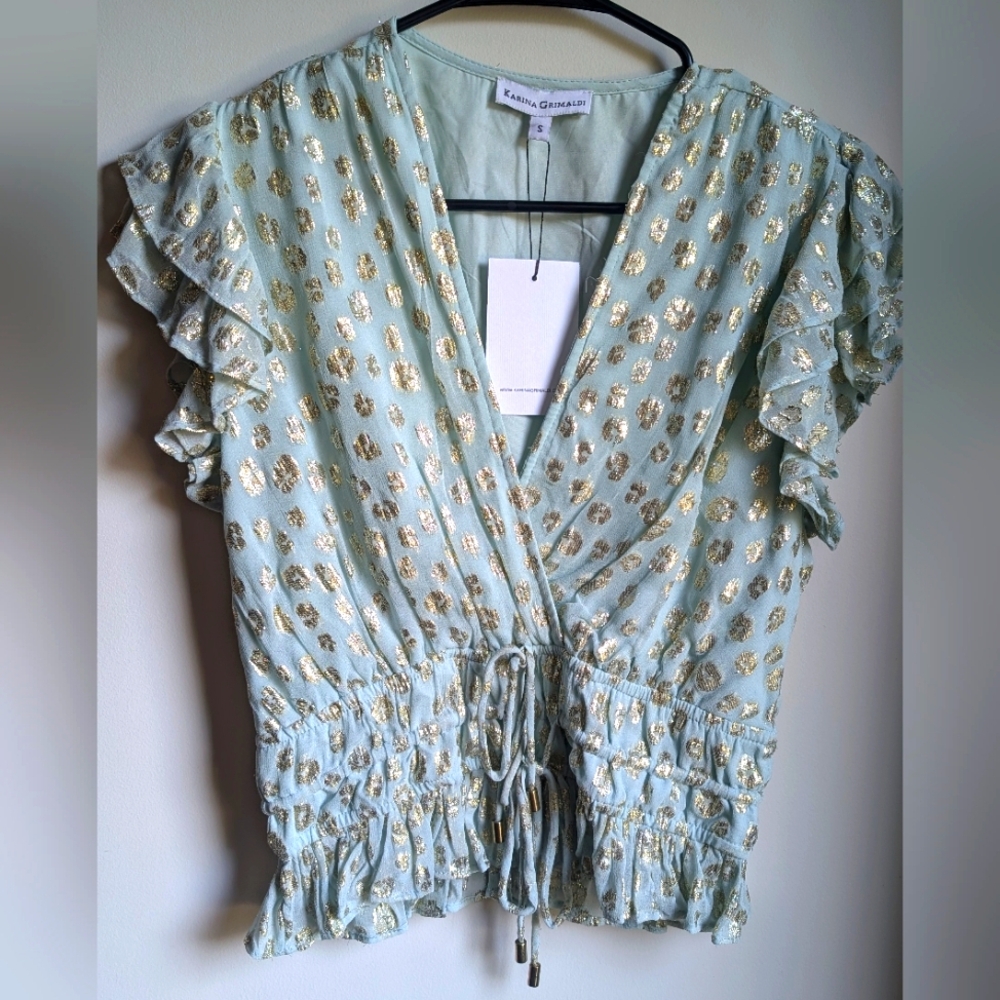 Karina Grimaldi Light Teal and Gold Blouse